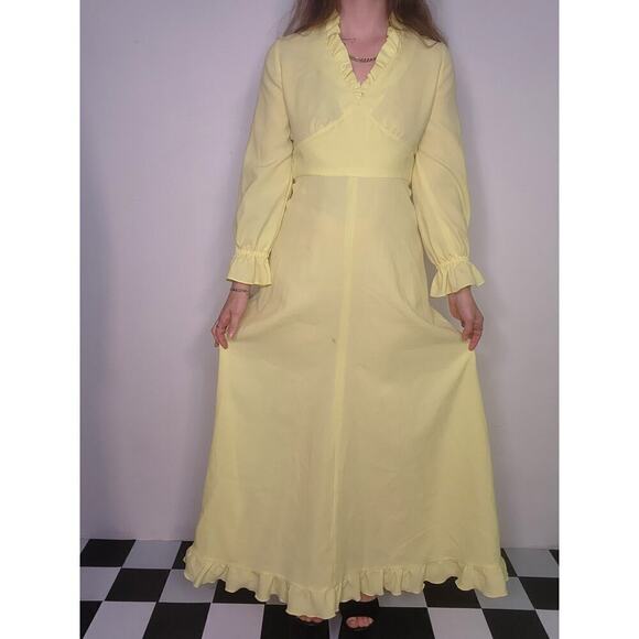 50s 60s Vtg Whimsi Yellow Cottage Prairie Vneck Empire Waist Maxi Dress Sz Small - Picture 6 of 10